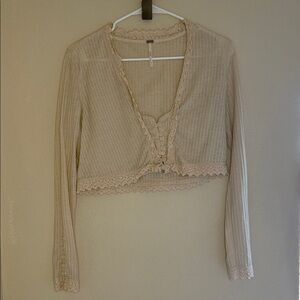 Free People Ribbed Lace-Trim Crop Cardigan - Cream